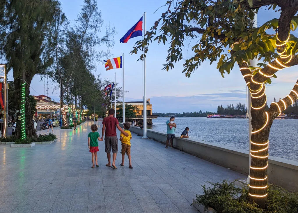 The Kampot riverside promenade at dusk